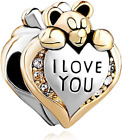 Heart I Love You Teddy Bear Charm Beads For Bracelets Silver Plated Base New