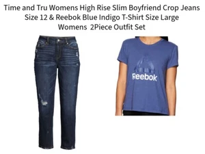 Time & Tru Slim Boyfreind Crop Jeans Sz 12 & Reebok Tee Sz L Womens 2Pc Outfit - Picture 1 of 9