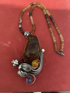 One Of Kind Crafted Amber Dragonfly Set In Sterling Silver, Amber Beaded Chain - Picture 1 of 8