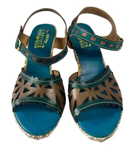 L'Artiste by Spring Step Acela Leather Open Toe Cut Out Sandal Heels Teal 41/10 - Picture 1 of 11