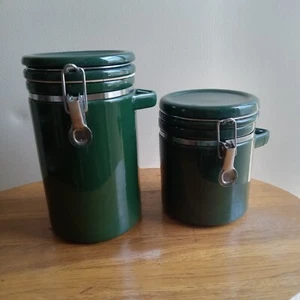 Set Of 2 VINTAGE CERAMIC Green Cannisters Lock & Seal Lids Heavy - Picture 1 of 9