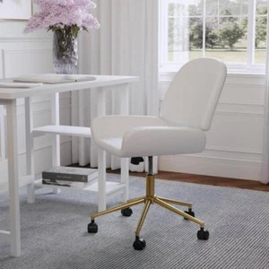 MARTHA STEWART Office Chair Tyla Faux Leather Cushioned W/ Wheels Polished Brass - Picture 1 of 6