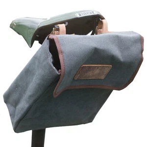Medium Canvas + Leather Saddle / Handlebar / Frame Bag For Bike in GREY brown - Picture 1 of 10