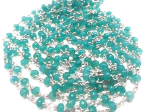 Sky Green Chalcedony Rondelle 4-4.5mm Beads, 5 Feet Rosary Chain Silver Wire - Picture 1 of 4