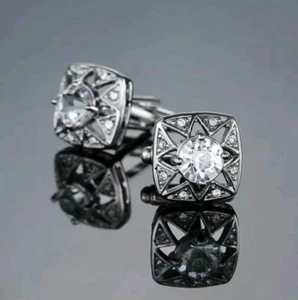 Silver Crystal Flower Round Cufflinks Formal Wedding Business for Suit Shirt - Picture 1 of 1