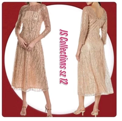 JS Collections 3/4 sleeve Embellish Cocktail A-line Tea Length ROSE Gold  Dress  - Image 1 of 4