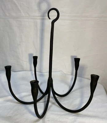 Primitive 5 Candle Holder Hand Wrought Iron Hanging or Tabletop Black Candelabra - Image 1 of 4