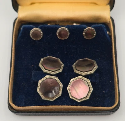 Juego de gemelos y 3 tachuelas de colección Octagon Smoke MOP tono plateado para hombre - Esmoquin formal Foto 1 de 4