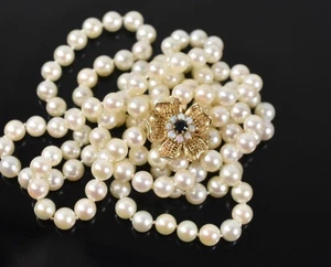 Double Strand Natural Pearl Necklace, 7-8mm, 14K Gold Clasp in Flower Form - Picture 1 of 5