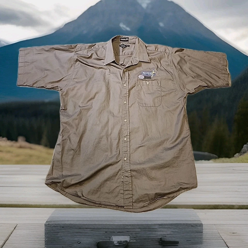 Raceway Ministries TMS Texas Logo Brown Short Sleeve Shirt Button Down Mens 2XL - Image 1 of 4