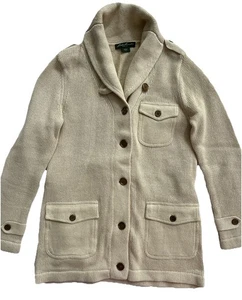 Eddie Bauer Cardigan Jacket M Sweater Wool Cotton Chunky Cable Knit Button Down - Picture 1 of 13