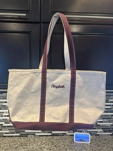 VTG LL Bean Boat & Tote Bag Canvas Large Red/Purple Handles 22x11" Coastal Prep - Picture 1 of 8