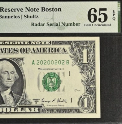 1969D $1 Federal Reserve Note PMG 65EPQ - Fancy Radar Serial Number 20200202 - Image 1 of 3