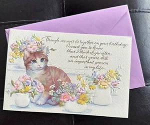 Miss You - Happy Birthday - Greeting Card w/ Envelope - Cat - Flowers - Picture 1 of 3