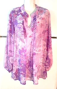 SUSAN GRAVER PURPLE PAISLEY FLORAL V-NECK PINTUCK CHIFFON TUNIC TOP PLUS SIZR 1X - Picture 1 of 5