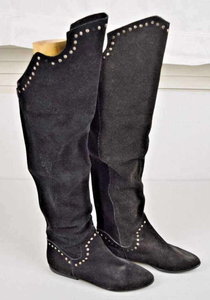 Botas de cuero de gamuza vintage talla 8 años 80 suaves negras gamuza tachuelas hasta la rodilla occidentales Foto 1 de 4