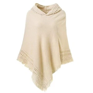 Women's Hooded Knit Cape Poncho Sweater with Fringes Pullover Shawls Wraps Ca... - Picture 1 of 6