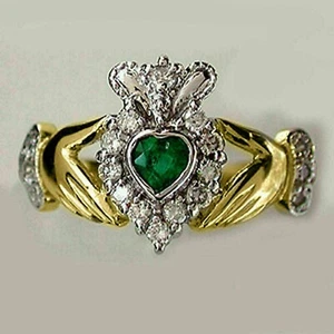 1.25Ct Heart Simulated Emerald Claddagh Engagement Ring 14k Two Tone Gold Plated - Picture 1 of 5