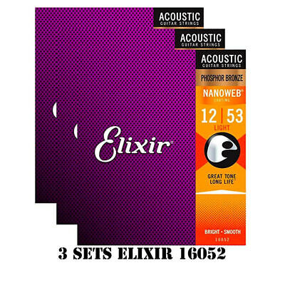 3 Sets For Elixir 16052 Nanoweb Acoustic Guitar Strings Light 12-53 Phosphor • 19.18€