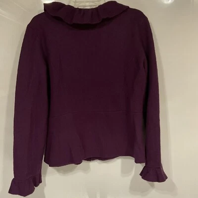 Kate Hill Purple 100% Wool Long Sleeve Rufflr Cardigan Sweater. Women’s M - Image 1 of 3