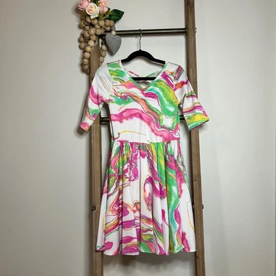 Dot Dot Smile Girls Dress Size 7 Marble Pink Green Yellow Criss Cross Back - Image 1 of 4
