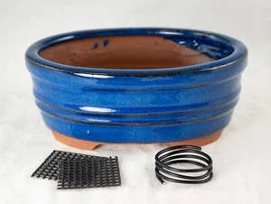 Oval Blue Shohin Bonsai, Cactus & Succulent Pot with Mesh & Wire 6"x 4.5"x 2.5" - Picture 1 of 6