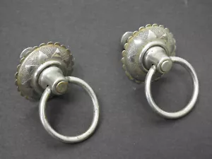 Pair of Old Antique Drawer Pulls Nickel Plated Brass Drop Ring Ornate Backplate - Picture 1 of 5