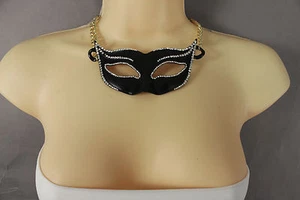 Collana donna metallo oro catene nero mascherata ciondolo moda strass - Foto 1 di 8