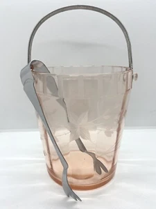 Vintage Pink Depression Glass Ice bucket Etched Floral Pattern w/ Tongs - Picture 1 of 8