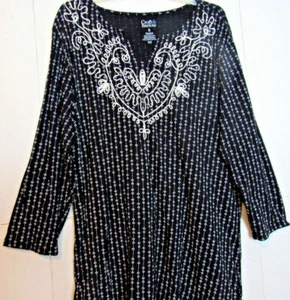 Women Croft & Barrow Top Tunic XL Black & White Embroidery Front Trim 3/4 Sleeve - Bild 1 von 5