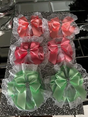 2 x LARGE TUTU HAIR BOWS CLIPS SATIN FRILLY LACE BOW BOWS DIAMANTE  SOCK SHOP - Image 1 of 4