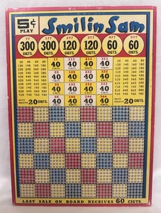 COLLECTIBLE RARE VINTAGE SMILIN SAM FIVE CENT CIGARETTE PUNCH BOARD NOS - Picture 1 of 7