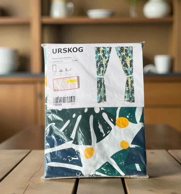 IKEA URSKOG 2 Pc Mod Green Blue Botanical Curtain Panels Tie-Backs 47 x 98 NEW - Image 1 of 4