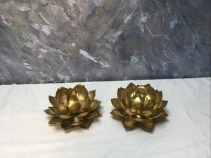 VTG Pair Of 6” Metal LOTUS FLOWER CANDLE HOLDERS Vintage MCM Tole Multi Leaf#188 - Picture 1 of 7