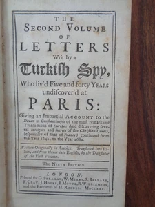 1730 THE SECOND VOLUME OF LETTERS WRIT BY A TURKISH SPY by GIOVANNI PAOLO MARANA - Picture 1 of 8