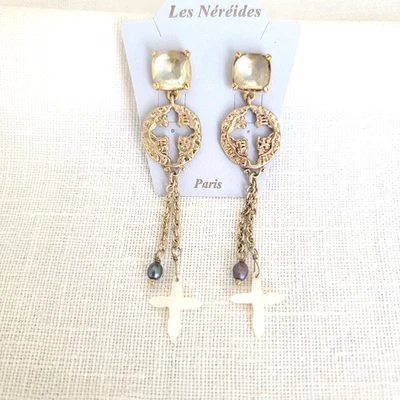 VINTAGE LES NEREIDES COIN W/CROSS CUTOUTS DANGLE EARRINGS ON FACETED POSTS - Image 1 of 4
