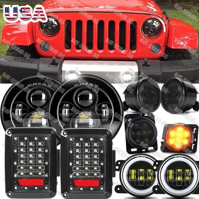 For Jeep Wrangler JK Combo 7" LED Headlights Fog Turn Tail Lights Fender Lamps - Image 1 of 4
