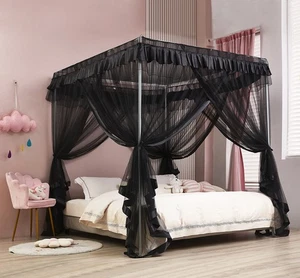 Toldo de cama negro, cortinas de dosel de cama con poste de esquina de 4 esquinas, instalación rápida y fácil... - Imagen 1 de 7