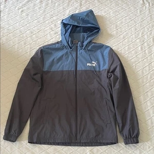 Puma Windbreaker Jacket Mens Medium Gray Blue Logo Full Zip Outdoors Hiking - Picture 1 of 11