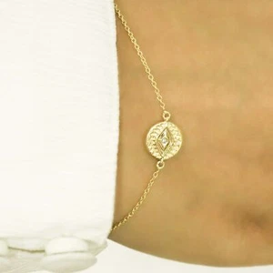 14K Gold 0.01 Ct. Lab-Created Diamond Evil Eye Disc Charm Chain Bracelet - Picture 1 of 9