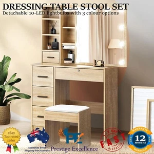 Dressing Table Stool Set Makeup Slide Mirror Drawer 10 LED Bulb Natural Wood NEW - Picture 1 of 12