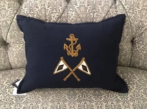 RALPH LAUREN HOME BAYVIEW NAVY THROW PILLOW GOLD ANCHOR FLAG 15x20” NEW WITH TAG - Picture 1 of 10