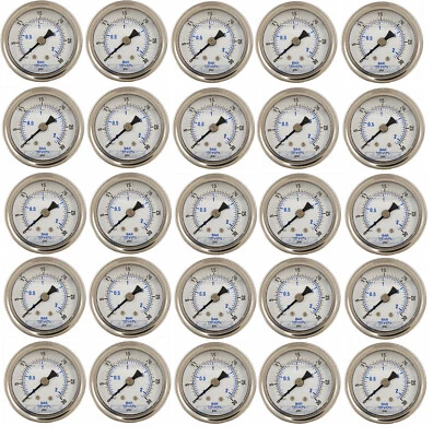 25 PACK LIQUID FILLED PRESSURE GAUGE 0-30 PSI, 2" FACE, 1/4" BACK MOUNT - Image 1 of 3
