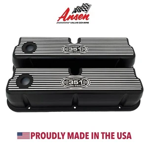 Ford 351W Tall Black Finned Valve Covers, Engraved "POWERED BY 351 CUBIC INCHES" - Foto 1 di 5