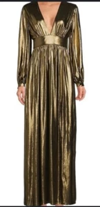 Gianni Bini Zella Metallic Long Blouson Sleeve V-Back Front Slit Column Gown Sz4 - Picture 1 of 13
