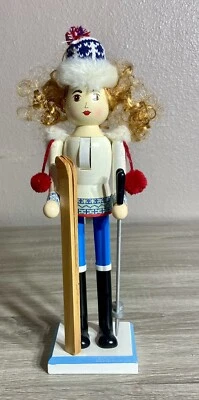 Handmade Wooden Nutcracker 2014 Limited Edition Girl Skiing w/Wooden Skis - Image 1 of 4
