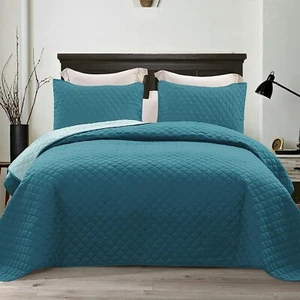 Dusty Teal 92x88'' Queen Size Reversible Quilt Sheet With 20x26'' Pillow Shams - Picture 1 of 5