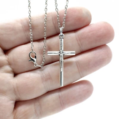 Catholic Silver Plated Crucifix Cross Pendant Necklace 1.5" Italy 24" Link Chain - Image 1 of 4