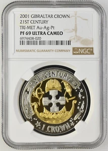 Gibraltar 2001 Tri-Metal Coin 14.2g Gold 5.2g Platinum NGC PF69 UC 21st Century - Picture 1 of 4