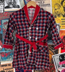 Vintage Boys Kids 70s-80s Red Plaid Belted All Cotton Pajama Bathrobe Size 6 - Picture 1 of 10